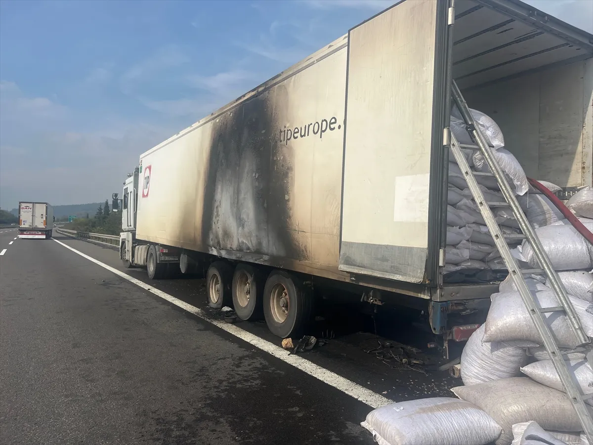 Düzce’de çekirdek yüklü tırda yangın çıktı Düzce’de çekirdek yüklü tırda yangın çıktı