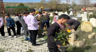 Şarkışla'da öğrenciler köy mezarlığına fidan ve gül dikti