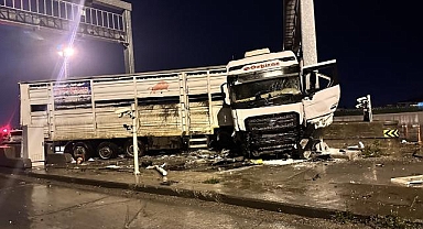 Hatay'da otoyol gişelerinde direğe çarpan tırda yangın çıktı